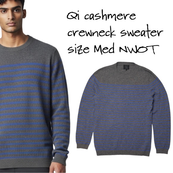 Qi cashmere crewneck striped sweater size medium NWOT